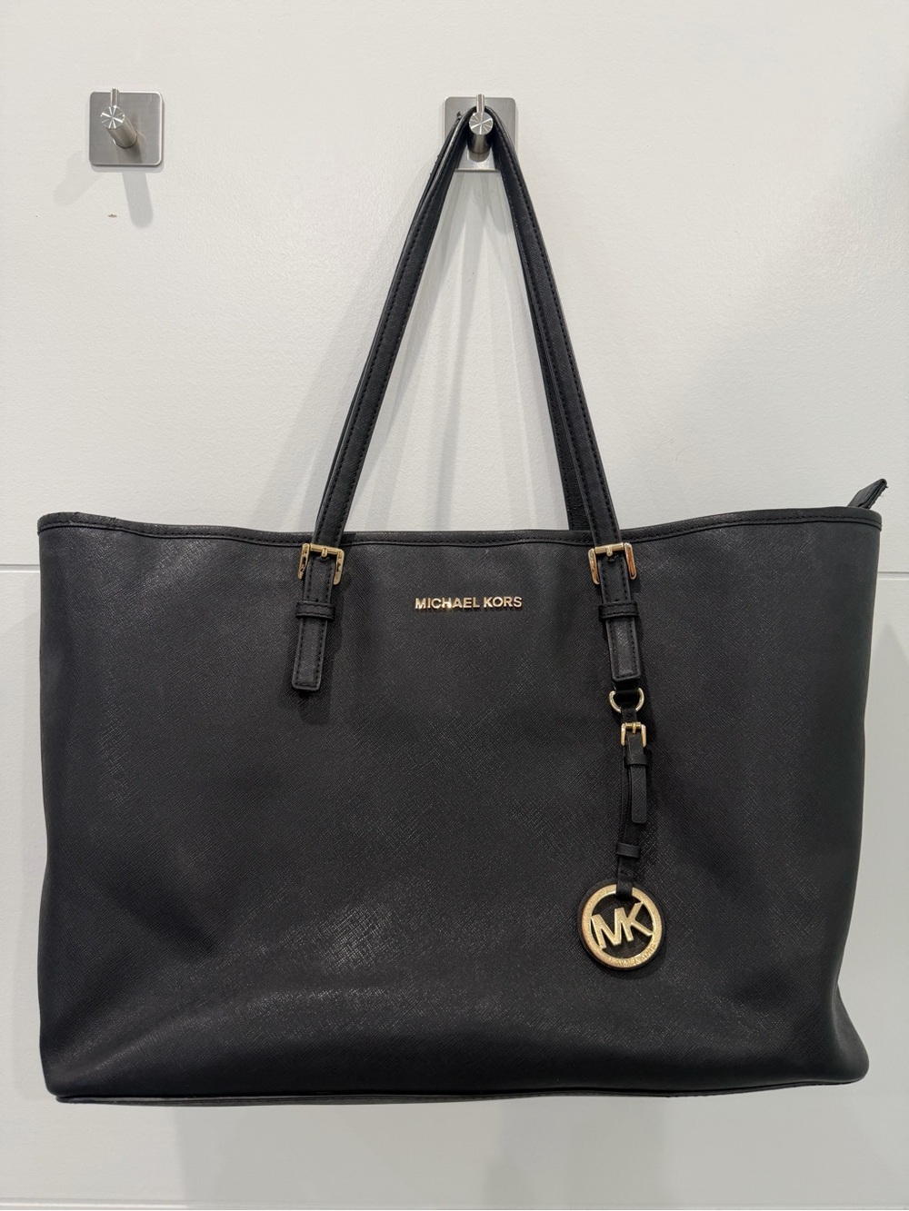 Michael Kors Black Leather Tote with Gold MK Charm
